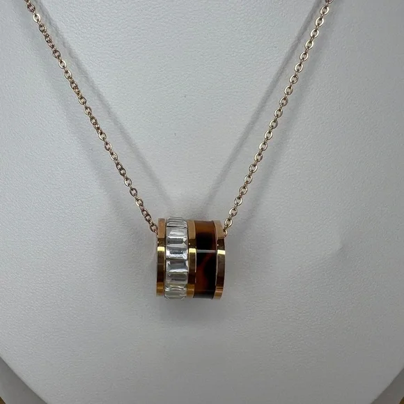 Michael Kors Rose Gold Double Tortoise Shell Barrel Pendant Necklace - Picture 3 of 5